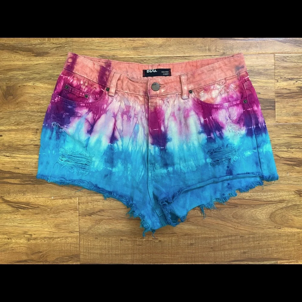 BDG Urban Outfitters Tie Dye High Rise Denim Shorts - Picture 3 of 5